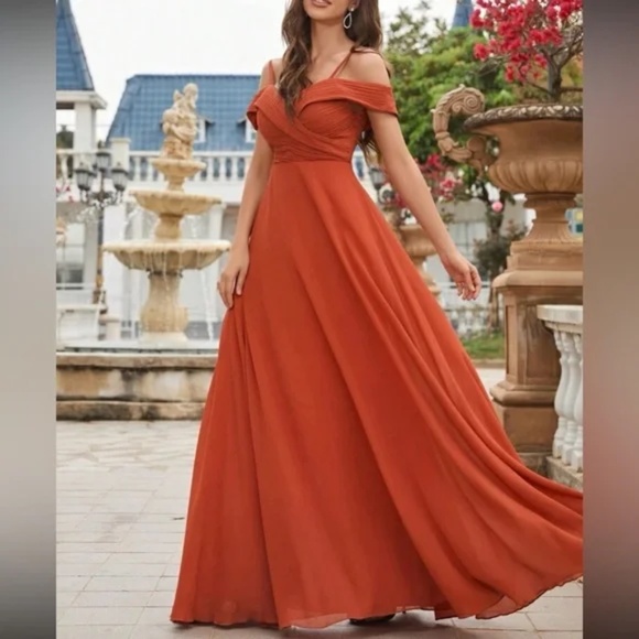 Orange Cold Shoulder A-Line Flowy Evening Prom Formal Dress - Picture 4 of 7